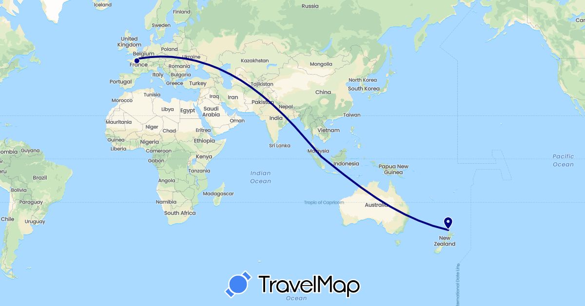 TravelMap itinerary: driving in France, New Zealand, Singapore (Asia, Europe, Oceania)
